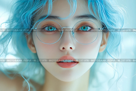 A girl with sky-blue hair and expressive turquoise eyes. She wears thin round glasses with silver frames, which give her a stylish and intelligent look. Her skin is porcelain white, with a slight blush on her cheeks, and her lips are a natural pinkish hue. The background is soft, light and blurred, creating a feeling of lightness and airiness. The hair is slightly tousled, creating the effect of a light wind or movement. The overall atmosphere of the image is tenderness, purity and mystery. Стоковое AI-изображение, AI-художник Анна Кривицкая / Фотобанк Лори