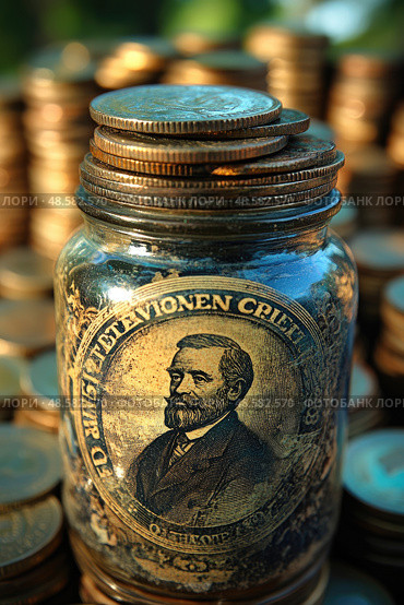 A glass jar holds various coins featuring an embossed portrait, positioned amidst a large collection of shiny currency. Стоковое AI-изображение, AI-художник Данила Большаков / Фотобанк Лори