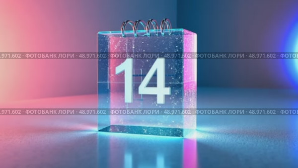 A glass-morphism 3D calendar icon with visible inner grid, pastel highlights, floating over a frosted glass surface. st valentines day, romantic date 14. Стоковое AI-видео, аниматор Sergey Grishin / Фотобанк Лори