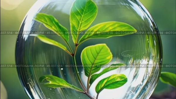 A glass sphere of pure dew drops in a forest on earth is a ball with an internal microclimate, a clean environment, protecting the ecology of the planet. AI generated. Стоковое AI-видео, аниматор Ольга Симонова / Фотобанк Лори