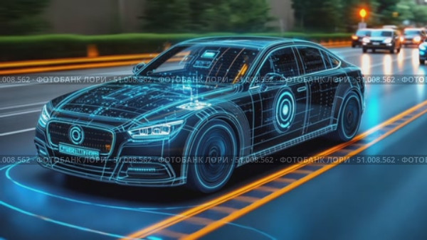A glimpse into advanced self-driving technology navigating city streets in an urban setting, showcasing innovation and safety features this year. Стоковое AI-видео, аниматор Данила Большаков / Фотобанк Лори