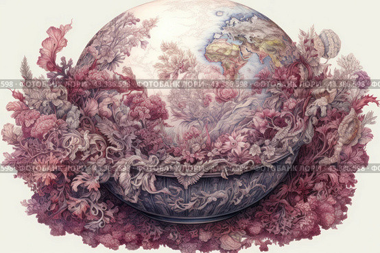 A globe from which a variety of fantastic plants and flowers grow. The globe occupies the central place of the composition; continents and oceans can be distinguished on its surface. However, the lower part of the globe has been turned into a decorative vase, from which bizarre plants seem to flow and grow. The plants come in a variety of shapes and come in shades of pink, purple and lilac. These plants surround and envelop the globe, creating the effect of merging nature and geography. The picture is made with high detail, each branch and leaf is carefully drawn, which gives the image volume and realism. The background of the picture is neutral, which allows you to concentrate attention on the central composition. Стоковое AI-изображение, AI-художник Анна Кривицкая / Фотобанк Лори