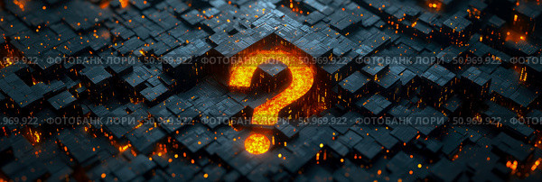 A glowing orange question mark emerges from a dark, intricate digital landscape of interconnected blocks and shimmering data points, symbolizing complex queries within technological systems. Стоковое AI-изображение, AI-художник Данила Большаков / Фотобанк Лори