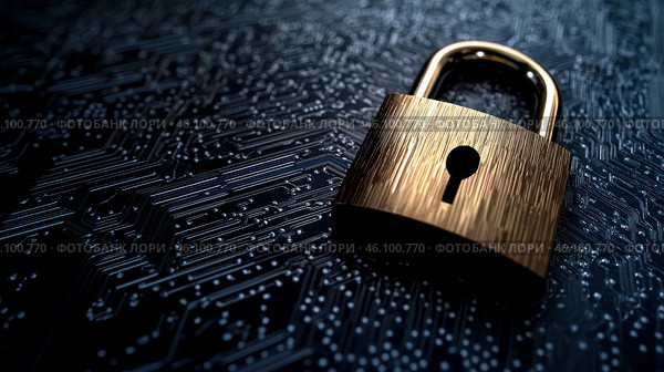 A gold colored lock with a keyhole sits on a black surface. Стоковое AI-изображение, AI-художник Ярославский Максим / Фотобанк Лори