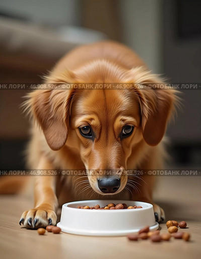 A golden dog is focused intently on its bowl, eagerly munching on crunchy dry food. The warm indoor atmosphere creates a serene backdrop for this delightful dining moment AI. Стоковое AI-изображение, AI-художник Юлия Петровская / Фотобанк Лори