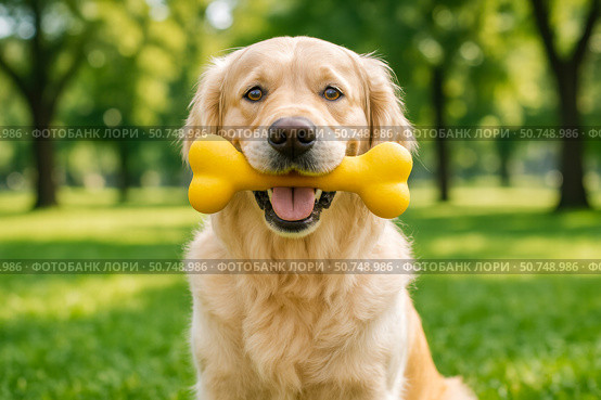 A Golden Retriever Dog Happily Holding a Chew Toy in Its Mouth While Sitting on Fresh Green Grass in a Sunlit Park Setting. Стоковое AI-изображение, AI-художник Башкирова Анна / Фотобанк Лори