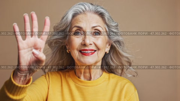 A graceful elderly woman confidently looks at the camera, resting her hands, dressed in a casual yellow t-shirt, posing indoors. Стоковое AI-видео, аниматор Ирина Старикова / Фотобанк Лори