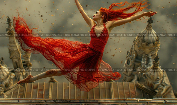 A graceful woman with bright red hair, soaring in a jump above the roofs of a gothic city. She is dressed in a fluttering scarlet dress, emphasizing her swiftness and passion. The wind picks up her light fabric, creating a feeling of movement and weightlessness. The background is made in dark, dramatic tones, with the majestic architecture of ancient buildings, which enhances the contrast with her fiery image. Autumn leaves swirl around her, as if emphasizing the moment of freedom and emotional uplift. The picture is filled with expression, dynamics and symbolism. Стоковое AI-изображение, AI-художник Анна Кривицкая / Фотобанк Лори