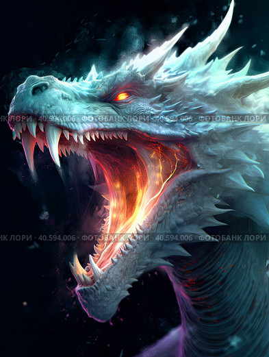 A gray-white fire-breathing dragon opens its mouth on a dark background. Стоковое AI-изображение, AI-художник Ярославский Максим / Фотобанк Лори