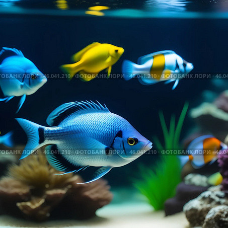 A green beautiful planted tropical freshwater aquarium with fishes.Freshwater aquarium fish, The Sail-fin molly, (Poecilia velifera ), gold, white, silver and dalmatin mutation. Стоковое AI-изображение, AI-художник Александра Рублева / Фотобанк Лори