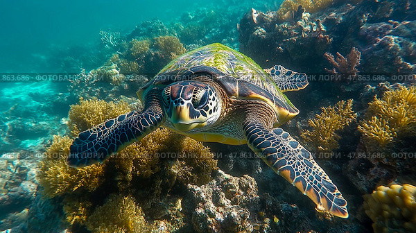 A green sea turtle swims effortlessly above a colorful coral reef, showcasing its intricate shell patterns in clear blue waters during daylight. Стоковое AI-изображение, AI-художник Данила Большаков / Фотобанк Лори