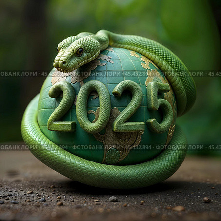 A green snake wrapping around the globe. Стоковое AI-изображение, AI-художник RamA / Фотобанк Лори
