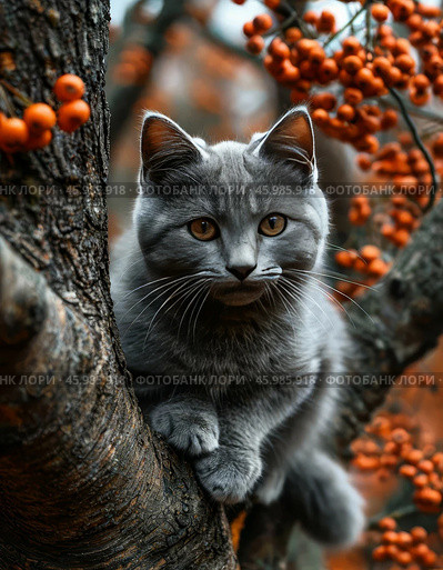 A grey cat lurks in a tree. Стоковое AI-изображение, AI-художник Сергей Елизарьев / Фотобанк Лори