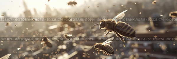 A group of bees flying in the air, buzzing around in a coordinated manner. Стоковое AI-изображение, AI-художник Данила Большаков / Фотобанк Лори