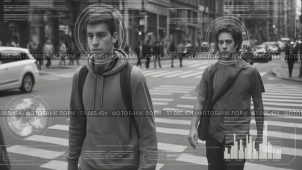 A group of diverse people crossing a city street. A senior Caucasian man in a suit, a young Hispanic man with a backpack, and two young Asian men walk together. Стоковое AI-видео, аниматор Nart / Фотобанк Лори