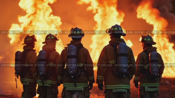 A group of firefighters stands together, facing a massive wildfire as flames rage in the background. They are geared up and ready to tackle the challenging blaze. Стоковое AI-видео, аниматор Sergey Grishin / Фотобанк Лори