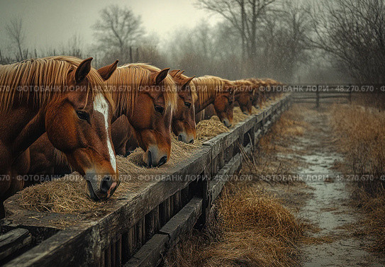 A group of horses are eating hay from a trough. Стоковое AI-изображение, AI-художник Ярославский Максим / Фотобанк Лори
