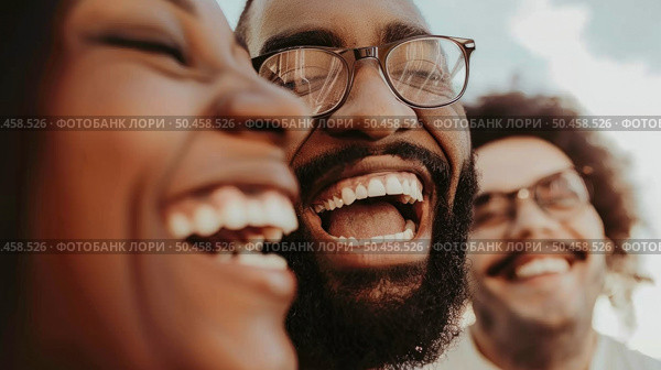 A group of men sharing laughter and joy, captured in a moment of camaraderie and friendship. Стоковое AI-изображение, AI-художник Данила Большаков / Фотобанк Лори