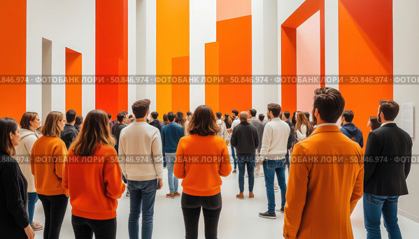 A group of people are standing in a room with orange walls. Стоковое AI-изображение, AI-художник Ярославский Максим / Фотобанк Лори