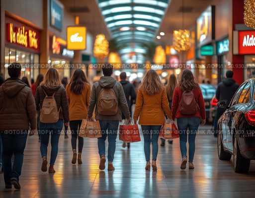 A group of people are walking down a street with a car behind them. Стоковое AI-изображение, AI-художник Ярославский Максим / Фотобанк Лори
