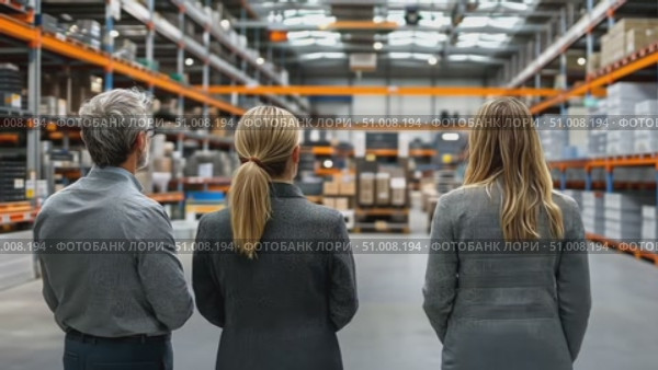 A group of professionals discusses inventory management while assessing the layout of a spacious warehouse filled with stock. Стоковое AI-видео, аниматор Данила Большаков / Фотобанк Лори