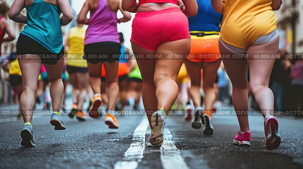 A group of runners in vibrant outfits competes in a city street race, showcasing determination and energy. Стоковое AI-изображение, AI-художник Данила Большаков / Фотобанк Лори