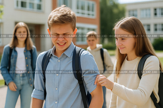 A Group of Students Observes a Peer in an Uncomfortable Scenario as One Classmate Attempts to Offer Support in a Schoolyard Setting. Стоковое AI-изображение, AI-художник Башкирова Анна / Фотобанк Лори