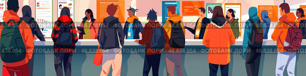A group of students stand in line at a university registration desk, waiting to complete their enrollment process. Стоковое AI-изображение, AI-художник Данила Большаков / Фотобанк Лори