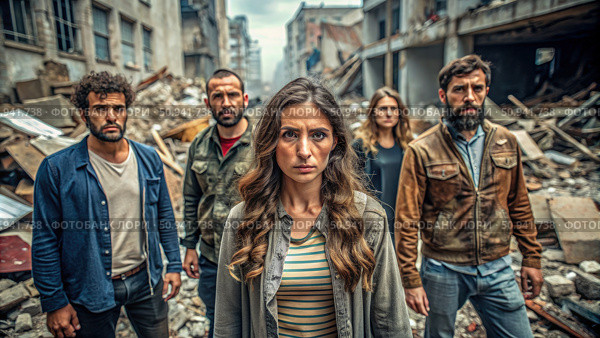 A Group of Survivors Standing Amid st Rubble in a Post-Disaster City. Generative AI. Стоковое AI-изображение, AI-художник Roman Zavorotny / Фотобанк Лори