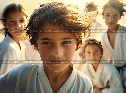 A group of teenage wrestlers in a kimono. Стоковое AI-изображение, AI-художник Кирилл Черезов / Фотобанк Лори