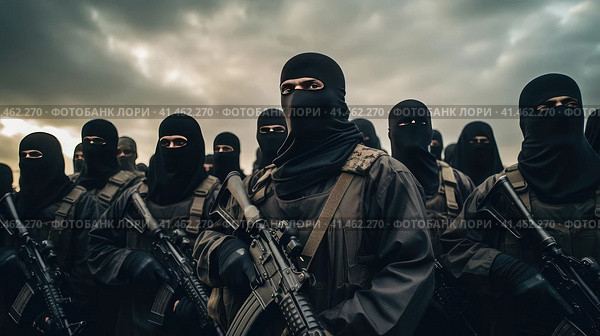 A group of terrorists with weapons. Стоковое AI-изображение, AI-художник Кирилл Черезов / Фотобанк Лори
