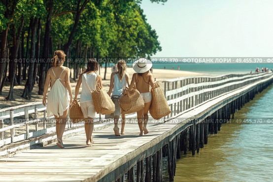 A group of women are walking along a pier, carrying baskets. Стоковое AI-изображение, AI-художник Ярославский Максим / Фотобанк Лори