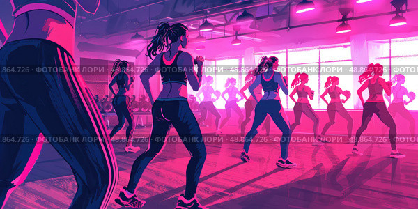 A group of women exercise in a brightly lit fitness studio. They are wearing workout clothes and are moving in a synchronized manner. Стоковое AI-изображение, AI-художник Данила Большаков / Фотобанк Лори