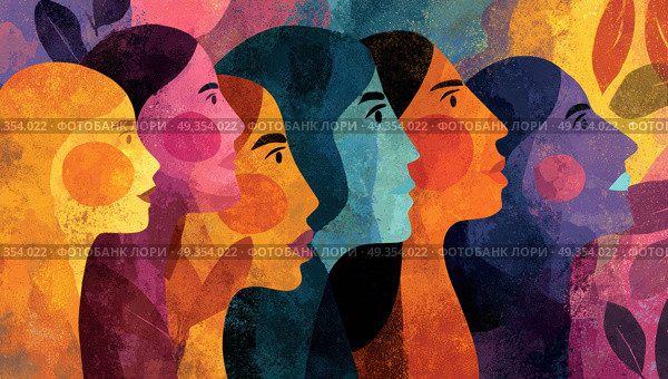 A group of women with different colored faces. Стоковое AI-изображение, AI-художник Ярославский Максим / Фотобанк Лори