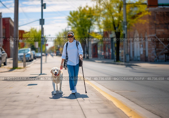 A guide dog helps a woman with poor eyesight walk. Generative AI. Стоковое AI-изображение, AI-художник Юрий Поздников / Фотобанк Лори