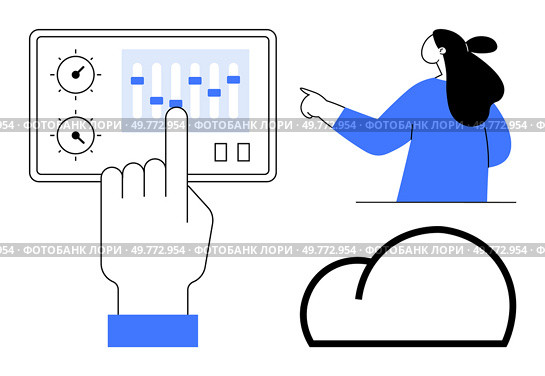 A hand adjusts a digital control panel while a woman points towards it and a cloud symbol sits below. Ideal for technology, control systems, cloud storage, user interfaces, digital interaction. Technological Control Interface with Cloud Icon and Woman Interacting. Стоковая иллюстрация, агентство Ingram Publishing / Фотобанк Лори
