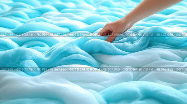 A hand gently explores the inviting, wavy surface of light blue foam, creating a calming atmosphere in a tranquil indoor space. Стоковое AI-изображение, AI-художник Данила Большаков / Фотобанк Лори