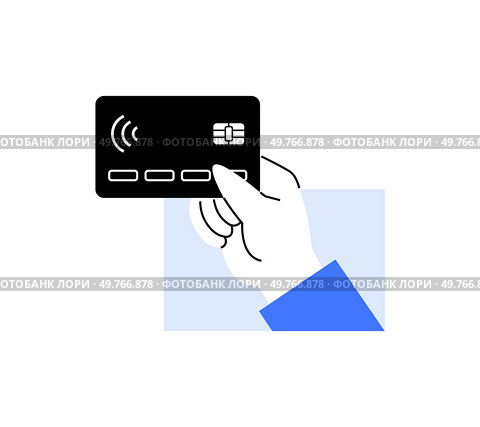 A hand holding a credit card featuring contactless payment symbol. Financial transaction, fintech, banking, secure payments, mobile wallet concepts are illustrated in this vector.. Illustration of a hand holding a credit card with contactless payment symbol. Financial transaction tech. Стоковая иллюстрация, агентство Ingram Publishing / Фотобанк Лори