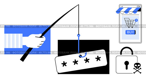 A hand holding a fishing rod hooks a password. Nearby, a lock, shopping cart and warning symbol illustrate cyber threats. Ideal for cybersecurity, online safety, phishing awareness, digital security. Cybersecurity Threats Highlighted by Phishing, Hacking and Online Fraud. Стоковая иллюстрация, агентство Ingram Publishing / Фотобанк Лори