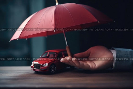 A hand is sheltering a toy car from rain with an umbrella. Стоковое AI-изображение, AI-художник Данила Большаков / Фотобанк Лори
