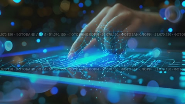 A hand performs a touch gesture on a glowing blue, high-tech interface. Стоковое AI-видео, аниматор Данила Большаков / Фотобанк Лори