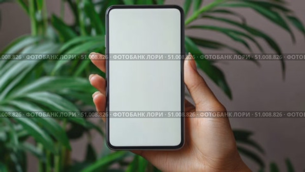 A hand showcases a blank smartphone while surrounded by vibrant green plants in a tranquil indoor environment, emphasizing modern technology and nature. Стоковое AI-видео, аниматор Данила Большаков / Фотобанк Лори