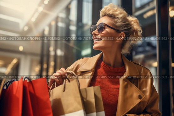 A happy beautiful woman in shopping with shopping bags enjoying in shopping. Consumerism, shopping, lifestyle concept. Стоковое AI-изображение, AI-художник Михаил Строгалев / Фотобанк Лори