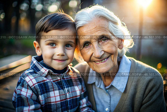 A happy family, a child and a grandmother hug on the street in the park, happy and contented. A grandmother who hugs her grandson, showing love. Стоковое AI-изображение, AI-художник Photojuli / Фотобанк Лори