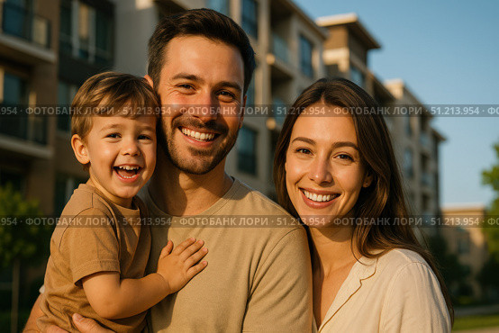 A Happy Family Portrait Capturing Joyful Moments Together in a Serene Urban Setting with Smiling Faces Filled with Love and Happiness. Стоковое AI-изображение, AI-художник Башкирова Анна / Фотобанк Лори