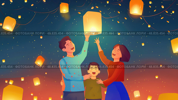 A happy family releases a sky lantern into the night sky, surrounded by other floating lights. Стоковое AI-изображение, AI-художник Данила Большаков / Фотобанк Лори