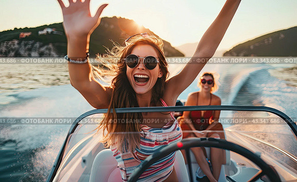 A happy girl drives a boat on the lake. Copy space. Стоковое AI-изображение, AI-художник Ярославский Максим / Фотобанк Лори