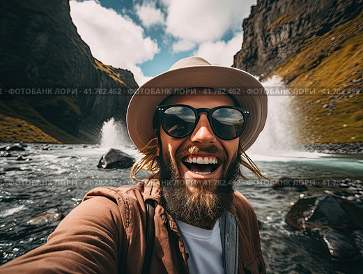 A happy tourist takes a selfie in front of a large exotic waterfall. Close-up. Стоковое AI-изображение, AI-художник Ярославский Максим / Фотобанк Лори