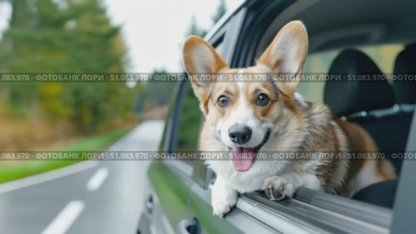 A happy tricolor corgi leans out of a car window, enjoying a scenic drive on a tree-lined road. The dog has large ears and a joyful expression. Стоковое AI-видео, аниматор Nart / Фотобанк Лори
