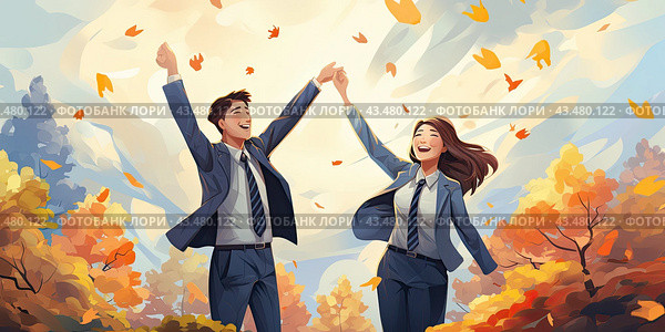 A happy young couple is playing with autumn leaves in the park. Стоковое AI-изображение, AI-художник Ярославский Максим / Фотобанк Лори